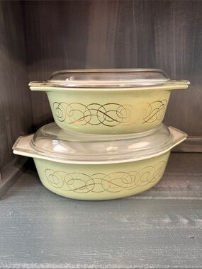 Pyrex Green Golden Scroll Covered Oval Casserole Set